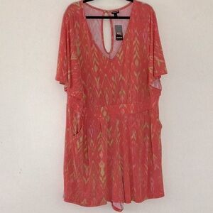 Torrid V Neck Romper Short Flutter Sleeves Geometrical Print Pockets Casual Y2K